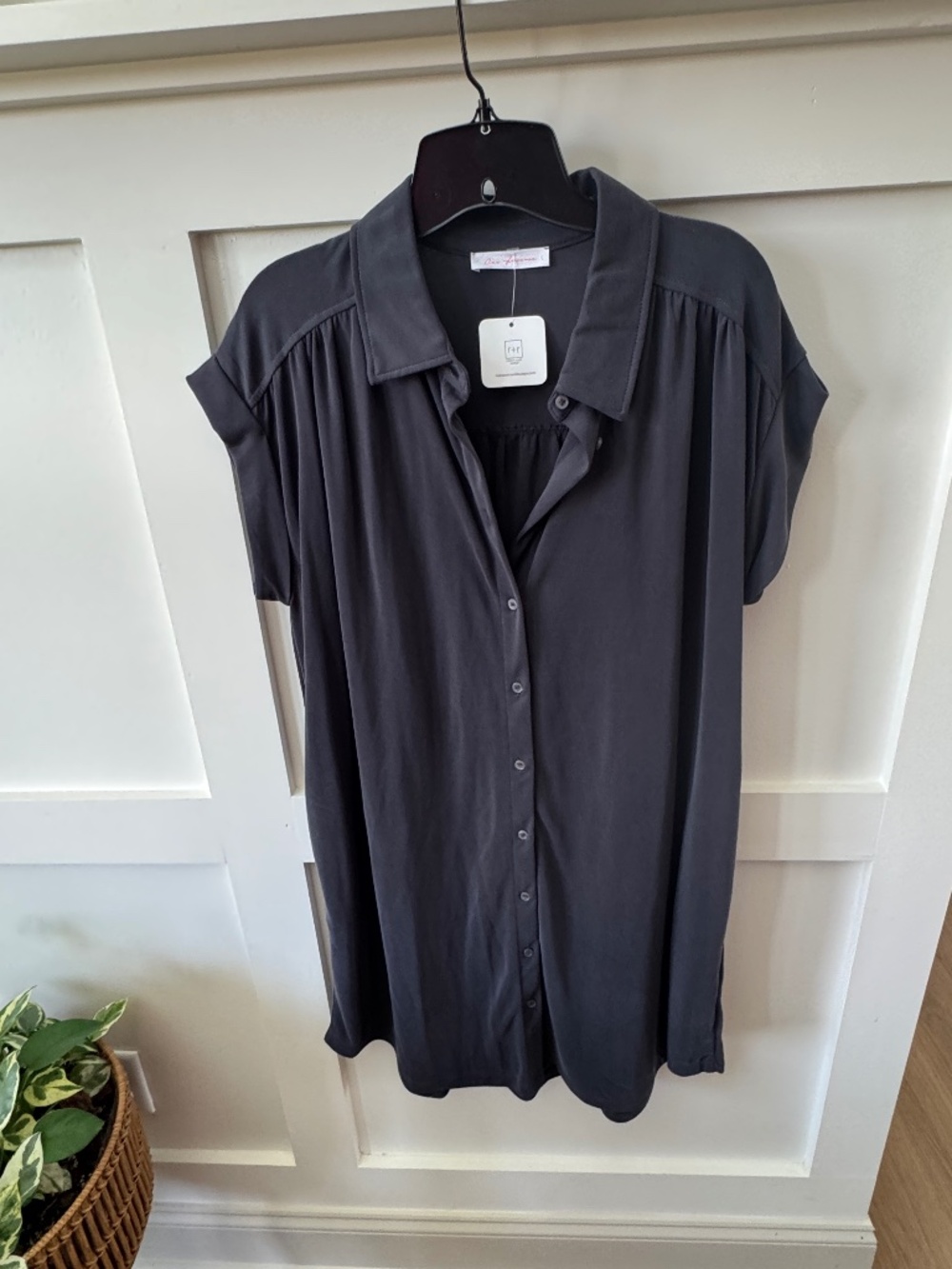 Ces Femme Charcoal Button Front Shirt Dress Size L NWT
